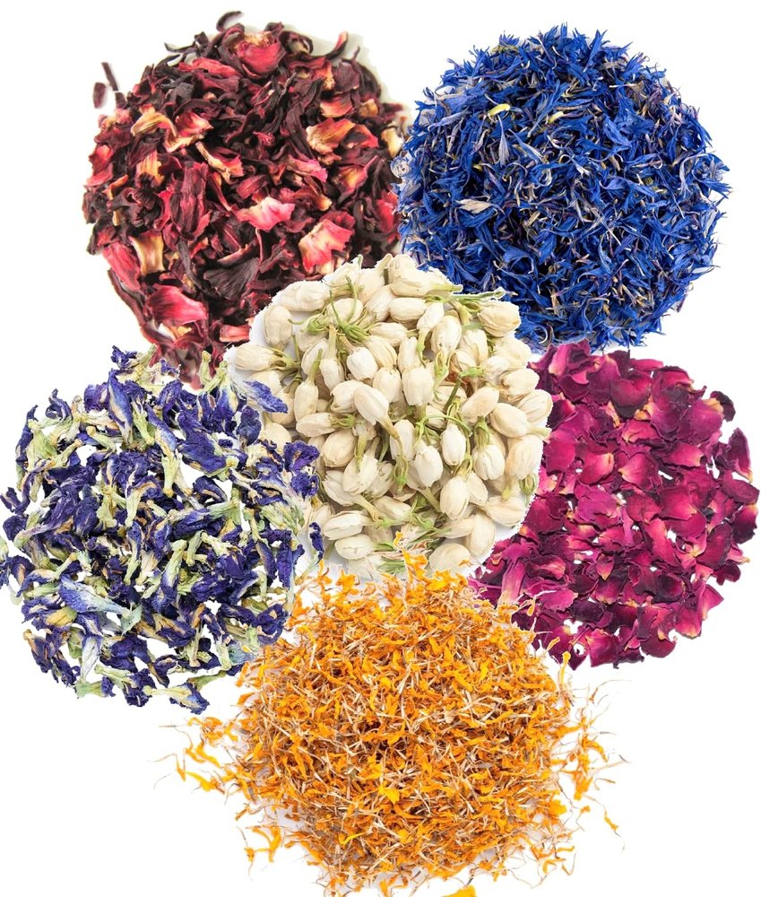 A D Food & Herbs Combo of Dried Jasmine/Butterfly Pea/Marigold/Rose/Hibiscus/Blue Corn Flower Petals Aromatic Edible for Homemade Lattes,Tea Blends,Bath Salts,each pack (200 Gms)