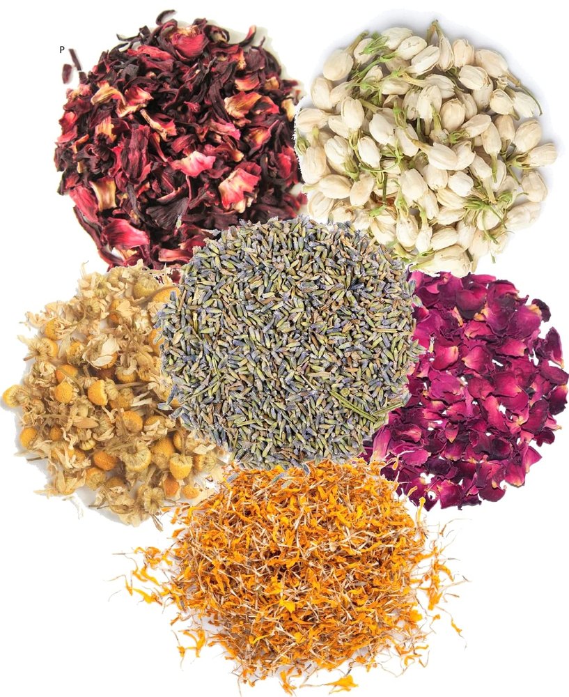 A D Food & Herbs Combo of Dried Jasmine/lavender/Marigold/Rose/Hibiscus/Chamomile Flower Petals Aromatic Edible for Homemade Lattes,Tea Blends,Bath Salts,each pack (100 Gms)