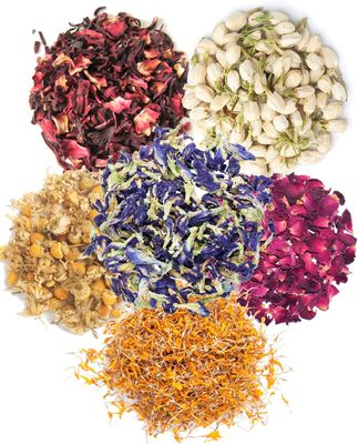 A D Food & Herbs Combo of Dried Jasmine/Butterfly Pea/Marigold/Rose/Hibiscus/Chamomile Flower Petals Aromatic Edible for Homemade Lattes,Tea Blends,Bath Salts,each pack (200 Gms)