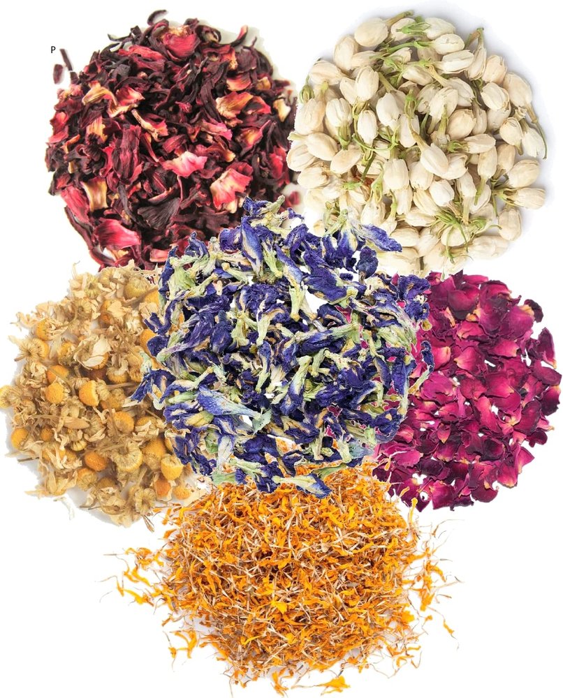 A D Food & Herbs Combo of Dried Jasmine/Butterfly Pea/Marigold/Rose/Hibiscus/Chamomile Flower Petals Aromatic Edible for Homemade Lattes,Tea Blends,Bath Salts,each pack (200 Gms)