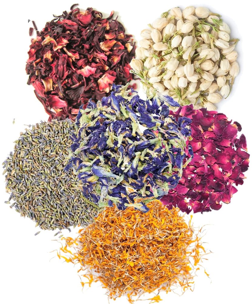 A D Food & Herbs Combo of Dried Jasmine/Lavender/Butterfly Pea/Marigold/Rose/Hibiscus Flower Petals Aromatic Edible for Homemade Lattes,Tea Blends,Bath Salts,each pack (200 Gms)
