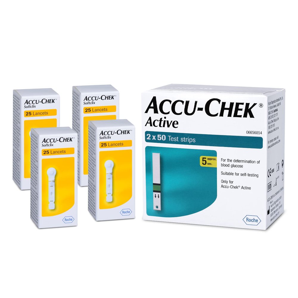 Accu-Chek Active 100 (50x2) Test Strips + 4 Pack of Softclix Lancet 25