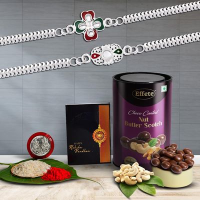 DeoDap Multicolor Floral Silver Color Bracelets Rakhis / Bracelet (K2_A34+A35_BS) & Effete Chocolate Butter Scotch 96gm with Silver Color Pooja Coin, Roli Chawal & Greeting Card | Occasion | Rakhi for brother with gift | handmade rakhi |rakhi combo f