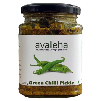 Advadata Organics Avaleha Green Chilli Pickle -220gm | Hari Mirch ka Achar | Spicy Pickle | Authentic Green Chilli Pickle Chopped | No Added Preservatives, No Artificial Flavours Glass Jar