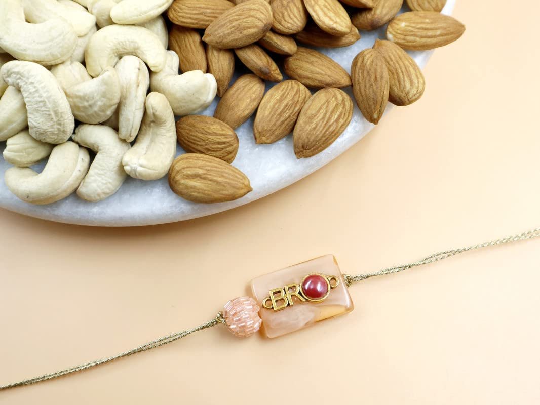 Blessing Decor Premium Rakhi With Dry Fruit Gift Hamper | 100 Gram Dry Fruits Pack | Bro Metal Stone Rakhi | Roli Chawal | With Best Wishes Greeting Card For Brother