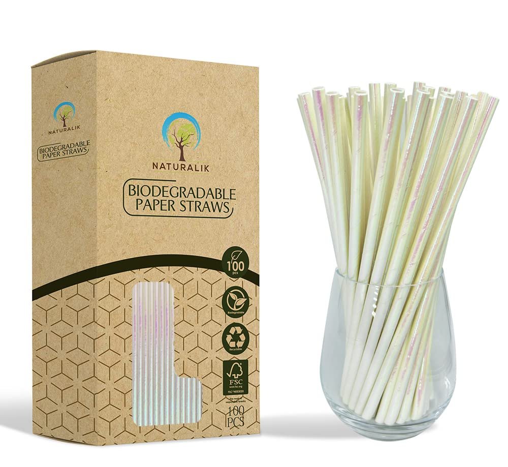 Naturalik 100-Pack Extra Durable White Iridescent Paper Straws Biodegradable- Eco-Friendly Paper Straws- Drinking Straws Party supplies, 7.7" (White Iridescent, 100ct)