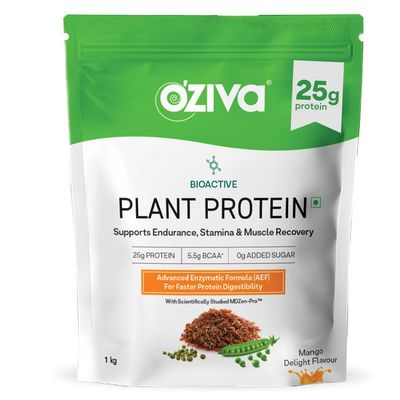 OZiva Bioactive Plant Protein (Mango), 1kg | 25g Protein,5.5 BCAA| Pea Isolate| Plant based Protein Powder for Women & Men | Essential Amino Acids| Vegan Protein supplement, Clean, Sugar free