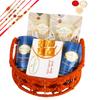 Ghasitaram Gifts Rakhi Gifts for Brothers Orange Jute Basket of assortments with Besan Barfi with 5 rakhis view 1