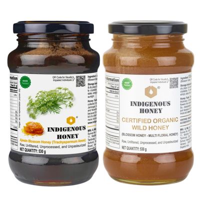 INDIGENOUS HONEY Nmr tested Raw Ajwain Unprocessed Natural Pure Honey with Certified Organic Wild honey Combo pack