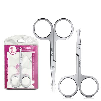 Majestique Facial Hair Scissors 2Pcs - Eyebrow, Mustache, Nose, Beard Trimming - Safety Use for Eyelashes and Ear Hair - Small Grooming Rounded Scissors for Women & Men