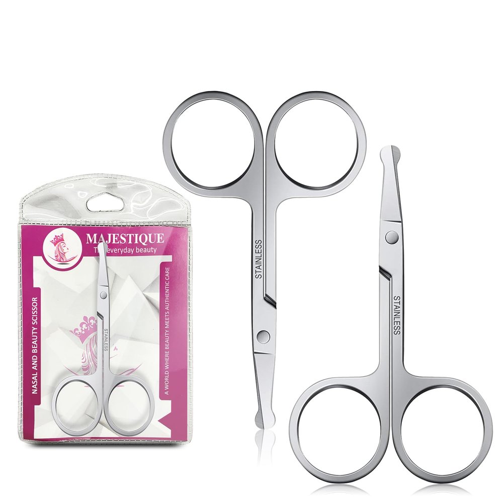 Majestique Facial Hair Scissors 2Pcs - Eyebrow, Mustache, Nose, Beard Trimming - Safety Use for Eyelashes and Ear Hair - Small Grooming Rounded Scissors for Women & Men