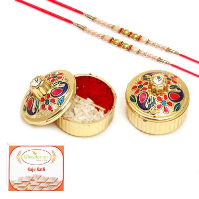 Ghasitaram Gifts Rakhi Gifts Pooja Thali - Set of 2 YCA-10 Tika Chawal Containers with 2 Pearl rakhis with 400 GMS of Kaju katli