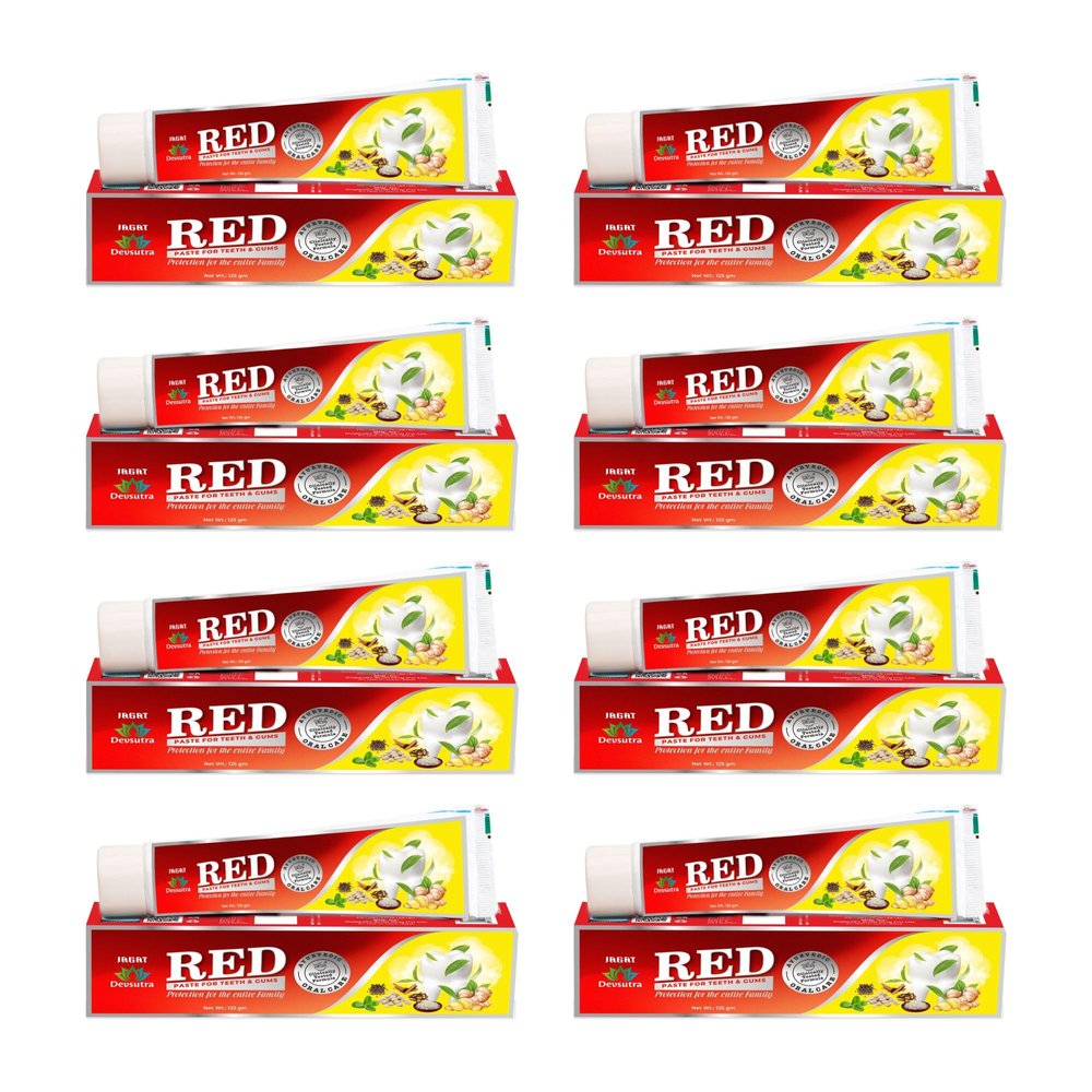 Jagat Devsutra Dr. Trusted Ayurvedic HERBAL Red Toothpaste for Teeth Whitening & Cold Breath - 100% Natural Formula, No Fluoride & Artificial Colours - Pack of 8 (125g x 8)