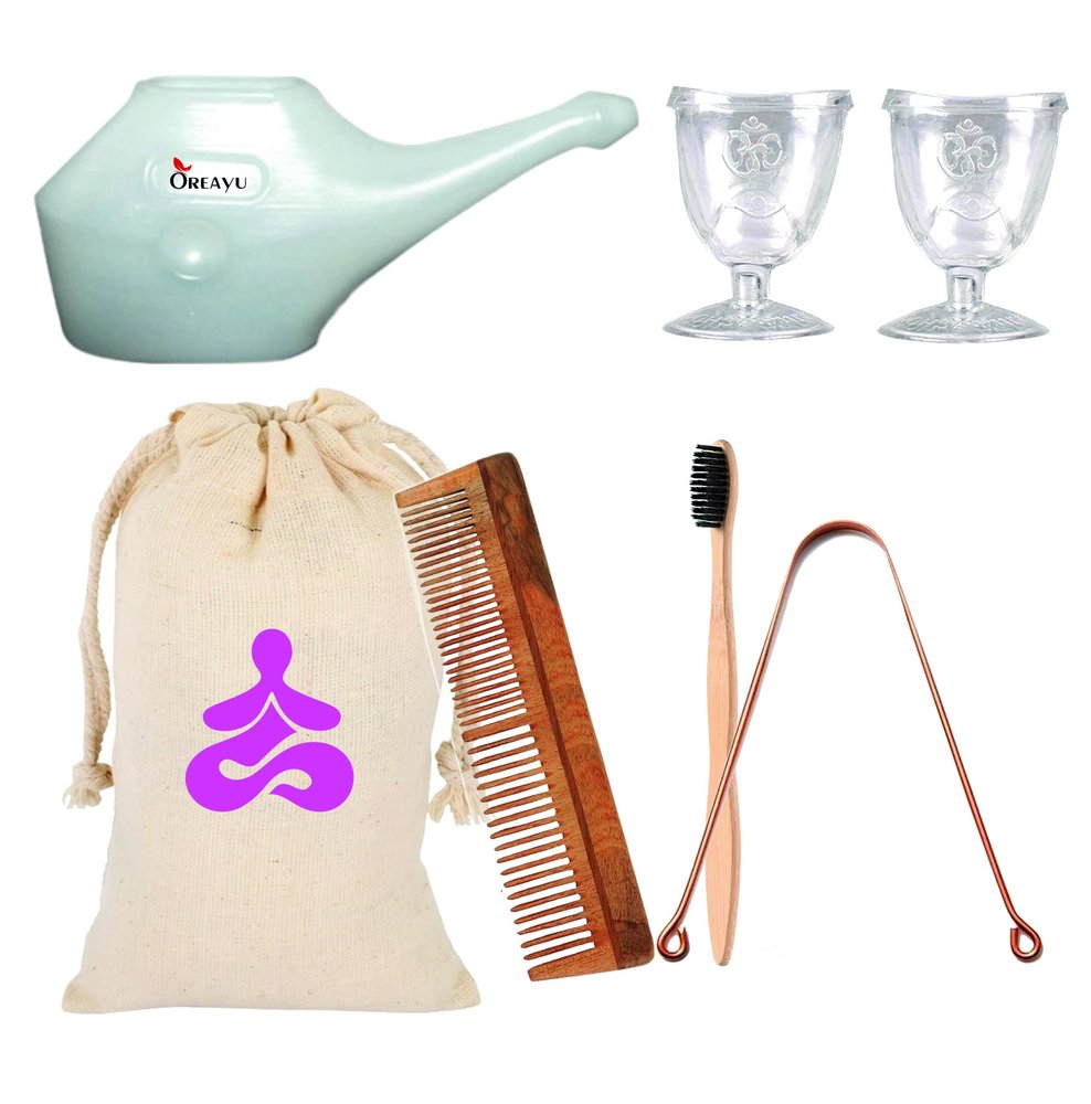 OREAYU Natural Yoga Healthy Life Kit Neti Pot/Eye Wash Cup/Bamboo Brush/Copper Tongue Cleaner/Neem Wood Comb With Travel Cotton Bag