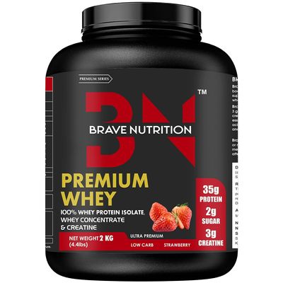 Brave Nutrition Whey Protein Isolate Blend - 35g Protein, 3g Creatine Monohydrate | Lean Protein Powder for Muscle Gain | Sports Nutrition | Muscle Builder Whey Concentrate Protein Powder for Men & Women [2Kg, Strawberry]