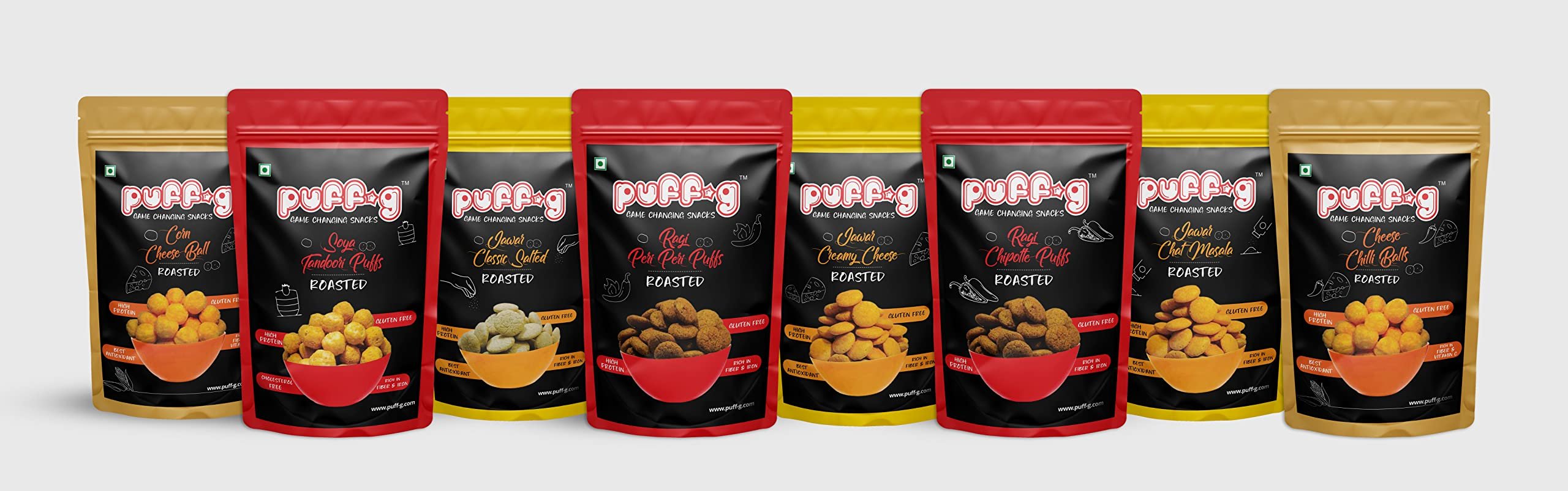 puff-g Combo Pack Of 8 Roasted Puffed Gluten Free & Healthy Premium Snacks(Corn Cheese Balls,Cheese Chilli Balls,Jawar Chat Masala,Jawar Creamy Cheese, Jawar Classic Salted,Ragi Peri Peri,Ragi Chipotle & Soya Tandori)