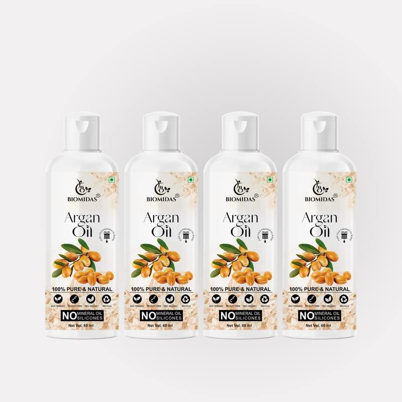 Biomidas 100% Pure & Natural Non-Sticky Argan Oil For Frizz Free Stronger Hair 60ML (Pack Of 4)