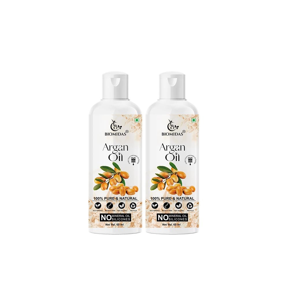 Biomidas 100% Pure & Natural Non-Sticky Argan Oil For Frizz Free Stronger Hair 60ML (Pack Of 2)