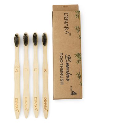 DENARA Bamboo Toothbrush with Charcoal Activated Soft Bristles antibacterial & biodegradable Adult (Pack of 4)