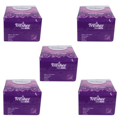 Freshee Facial Tissues 100 sheets 1 Ply SMARTO Tissue Napkins 27cm X 30cm Pack of 5 Super Absorbent, Safe for Skin & Food, Easy to pull