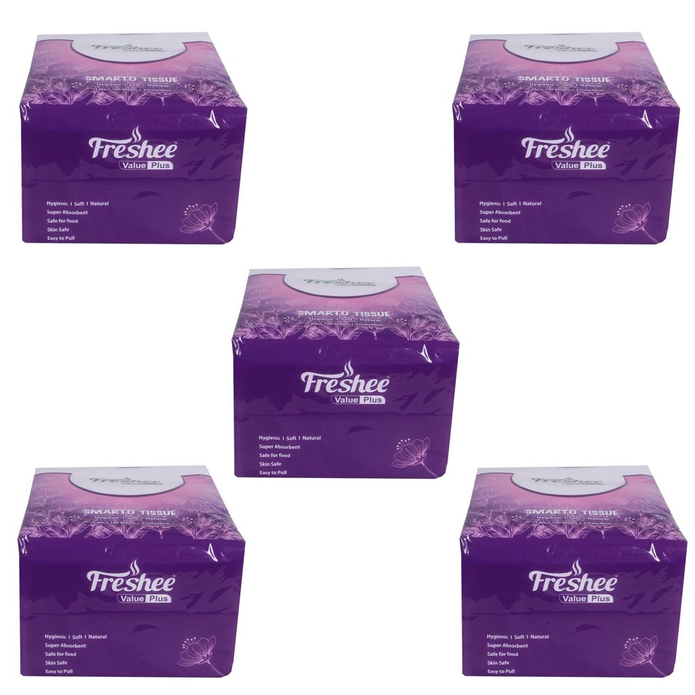 Freshee Facial Tissues 100 sheets 1 Ply SMARTO Tissue Napkins 27cm X 30cm Pack of 5 Super Absorbent, Safe for Skin & Food, Easy to pull