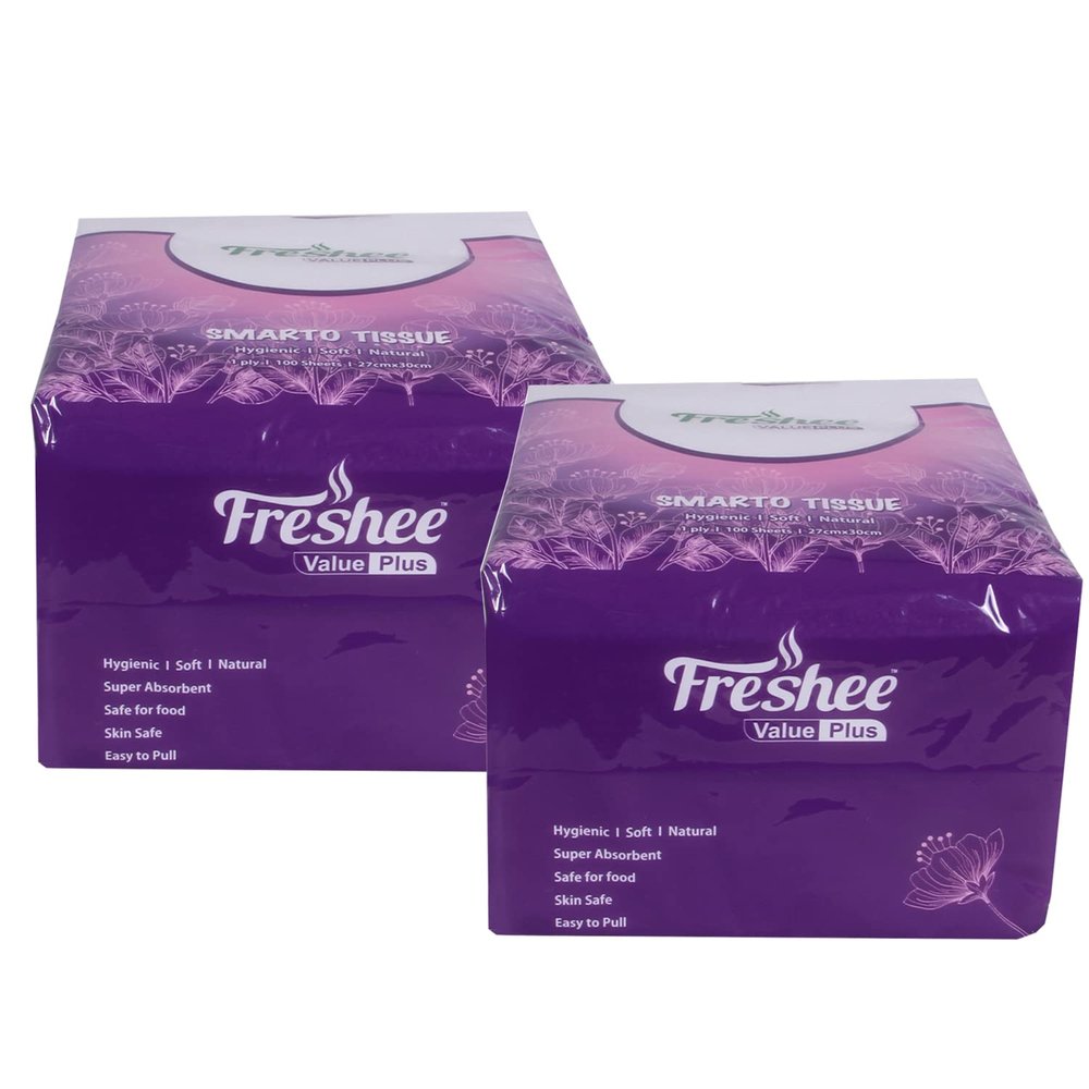 Freshee Facial Tissues 100 sheets 1 Ply SMARTO Tissue Napkins 27cm X 30cm Pack of 2 Super Absorbent, Safe for Skin & Food, Easy to pull