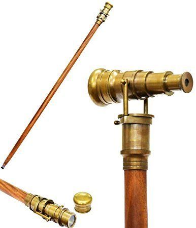 ALFA MART HT Vintage Wooden Walking Stick with Brass Telescope Handle, Extendable Spyglass Cane 39" Elegant Maritime-Inspired Design
