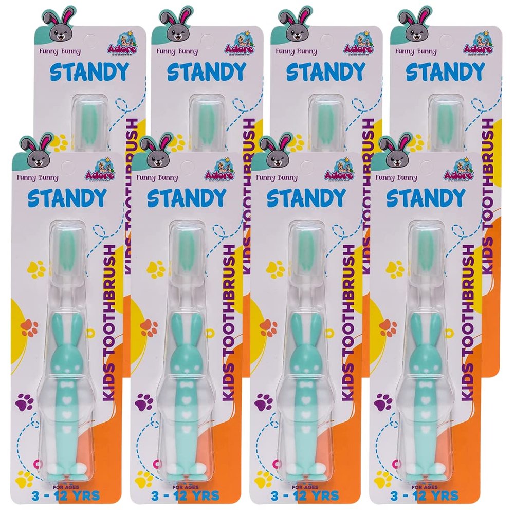Adore Standy Kids Toothbrush with Soft Bristles and Safety (Pack of 8) (Standy-Green)