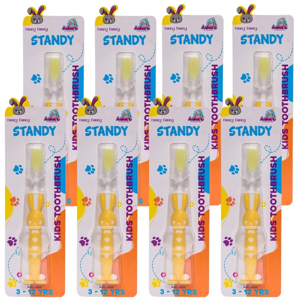 Adore Standy Kids Toothbrush with Soft Bristles and Safety (Pack of 8) (Standy-Yellow)