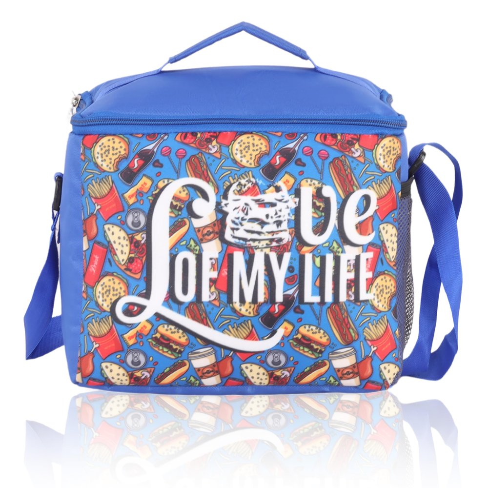 Echo Boomers Food Printed Insulated Lunch Bag, Tiffin and Food Storage Bag for Work, Students, Office, Picnic, College & School with Bottle Holder & Multiple Zipper Pockets (Blue)