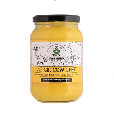 Two Farmers Organics A2 Gir Cow Ghee| Made using Ancient Bilona Method | Free-Grazing Gir Cows| Rich in Vitamins & Antioxidants| 100% Pure & Natural packed in Glass Jar- 500ml