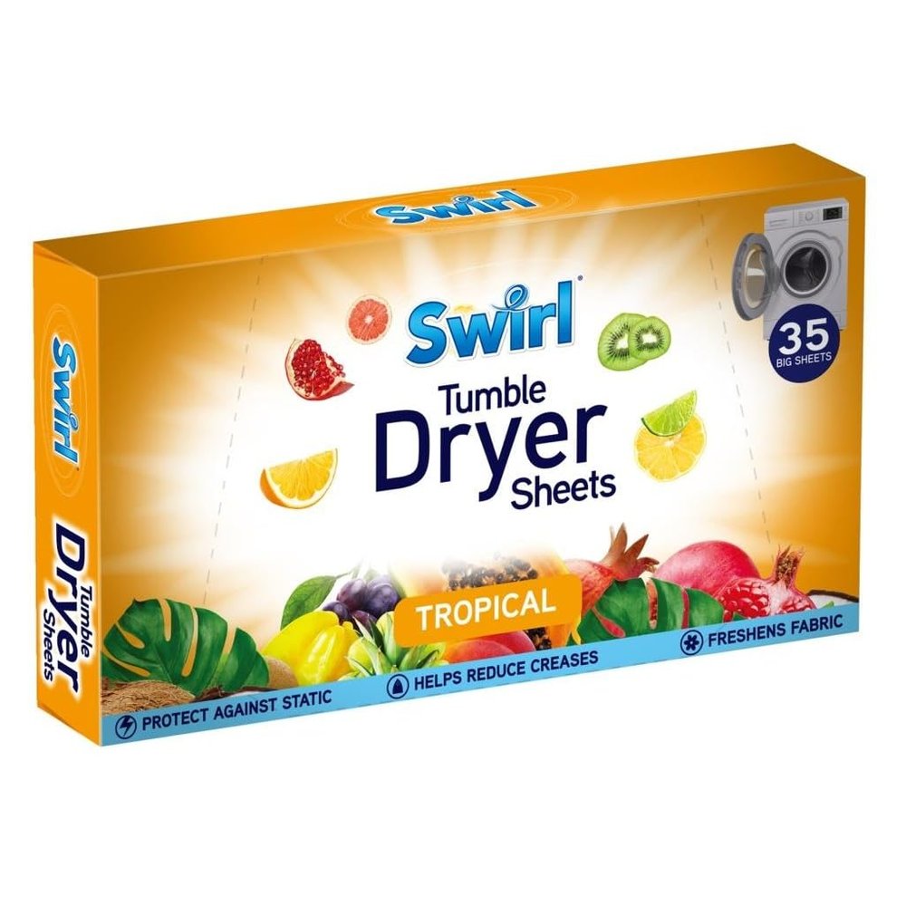 Swirl Tumble Dryer Sheets with Long Lasting Tropical Fragrance, 35 Big Sheets | Eliminates Static Cling & Softens Clothes In Laundry Dryer Machine