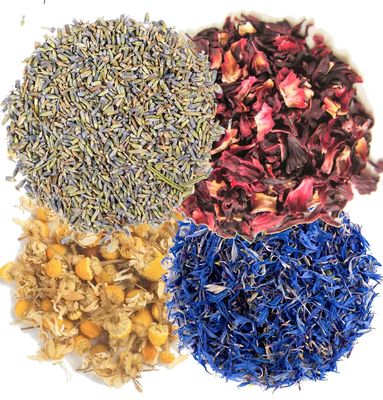 A D Food & Herbs Combo of Dried Lavender/Hibiscus/Blue Corn/Chamomile Flower Petals Aromatic Edible for Homemade Lattes,Tea Blends,Bath Salts,each pack (200 Gms)