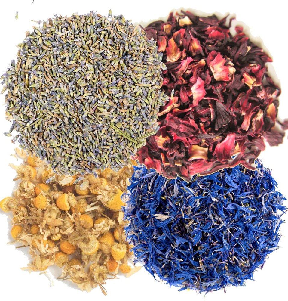 A D Food & Herbs Combo of Dried Lavender/Hibiscus/Blue Corn/Chamomile Flower Petals Aromatic Edible for Homemade Lattes,Tea Blends,Bath Salts,each pack (200 Gms)
