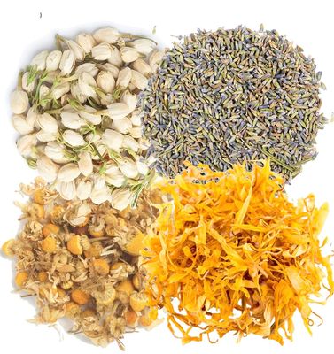 A D Food & Herbs Combo of Dried Jasmine/Lavender/Chamomile/Calendula Flower Petals Aromatic Edible for Homemade Lattes,Tea Blends,Bath Salts,each pack (250 Gms)