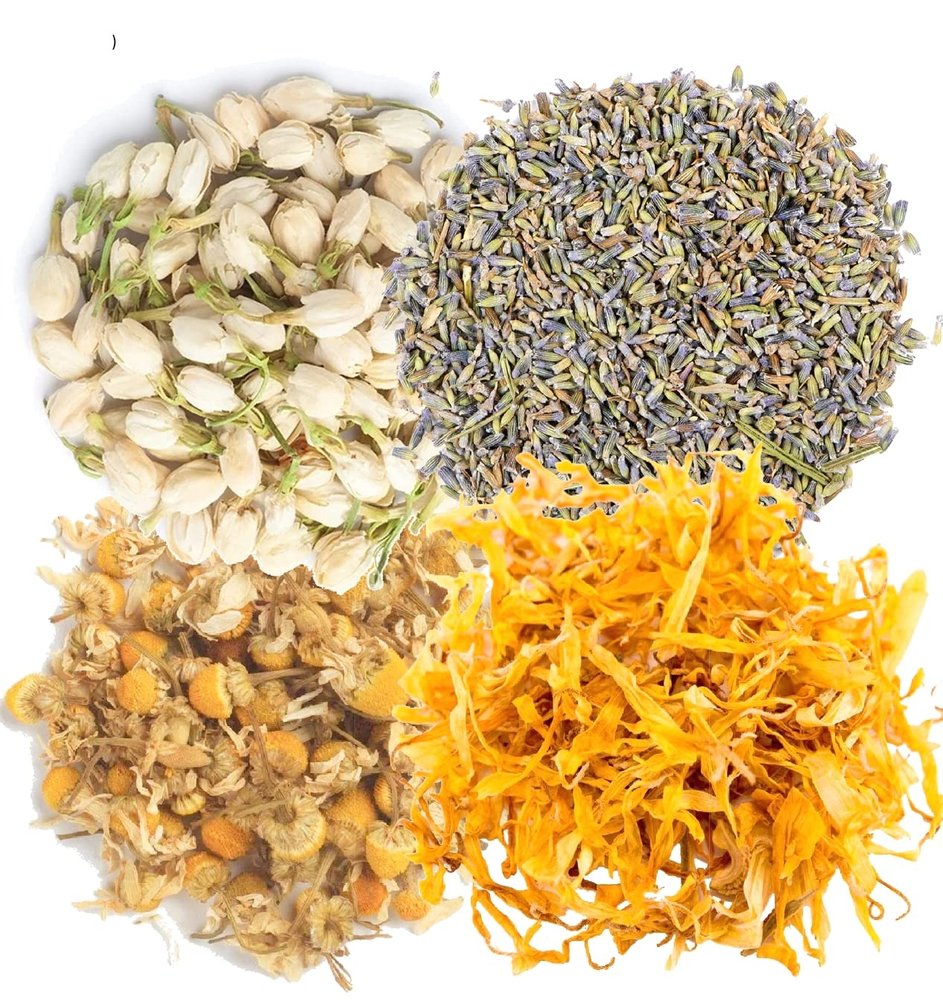 A D Food & Herbs Combo of Dried Jasmine/Lavender/Chamomile/Calendula Flower Petals Aromatic Edible for Homemade Lattes,Tea Blends,Bath Salts,each pack (250 Gms)