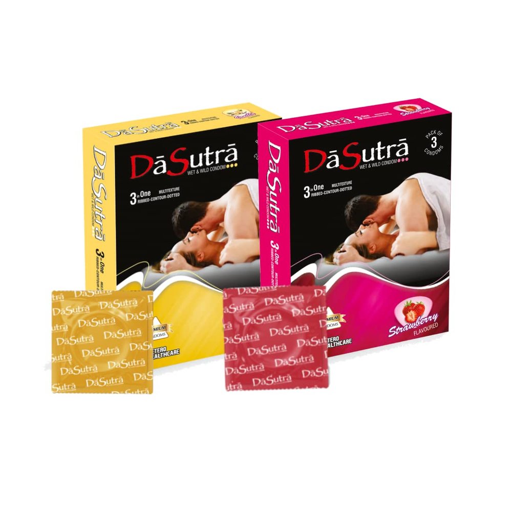 Azista Dasutra Wet And Wildted Strawberry&Vanilla Flavoured Condoms For Men-30 Count(Pack Of 10)