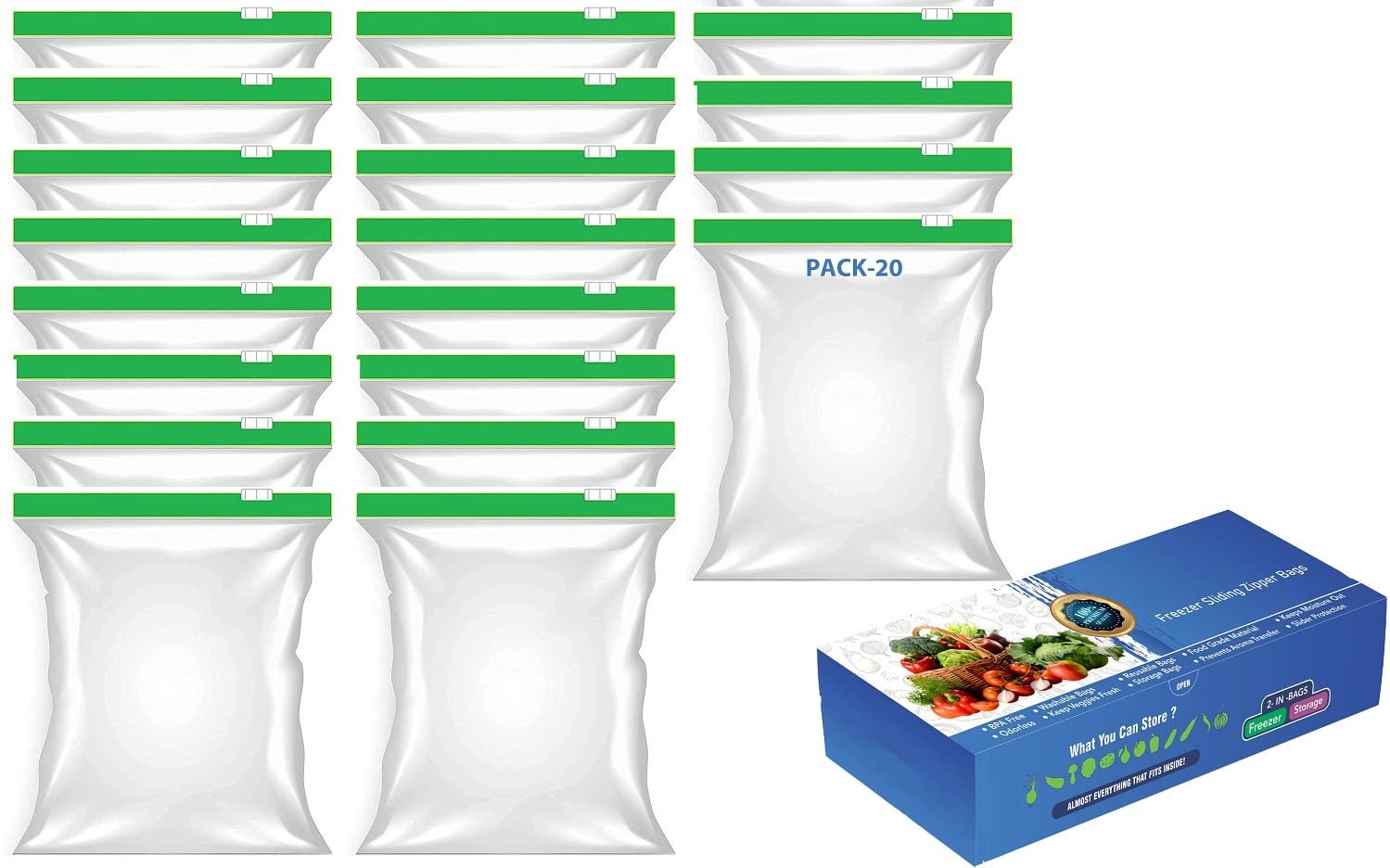 LAPREX Pack Of 20 Yellow Reusable Plastic Zipper Bags, Expandable Bottom, Freezer & Microwave Safe, Ideal For Food Storage