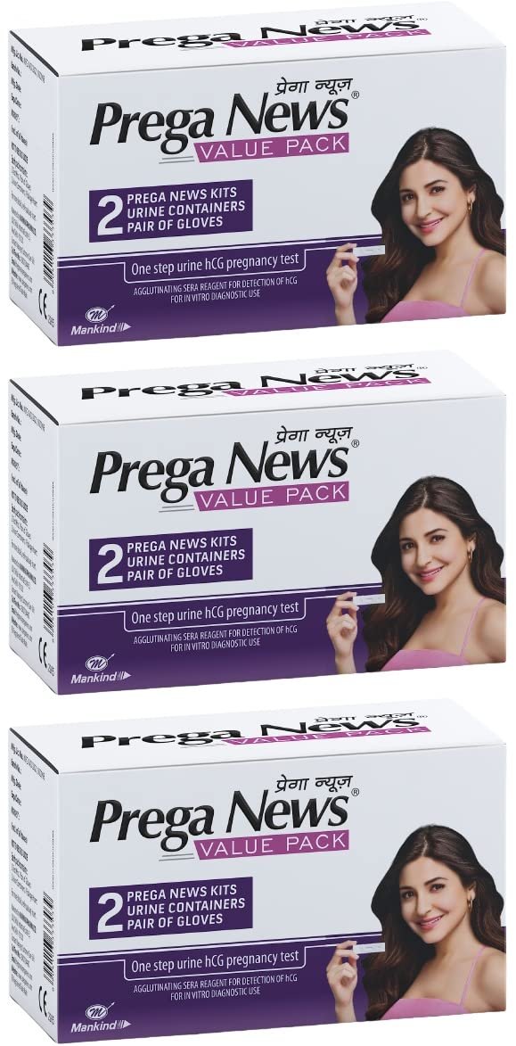 Prega news Value Pack Kit,One Step Pregnancy Test Kit, Easy to Use, Accurate Result in Just 3 Minutes,2 Gloves + 2 Urine Containers + 2 Pregnancy Test Kits x Pack of 3