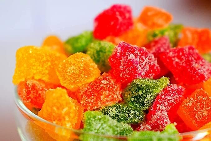 M VEGONEE Sugar Coated Soft Jelly Cubes Candy Multi Colour Tasty Mix Fruits Flavours Candies (500 gm)