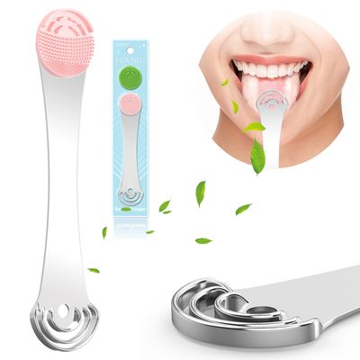 Moosec Tongue Scraper Cleaner, Get Rid of White Tongue, 100% BPA Free - 1 Set Comes 2 Silicone Tongue Brushes