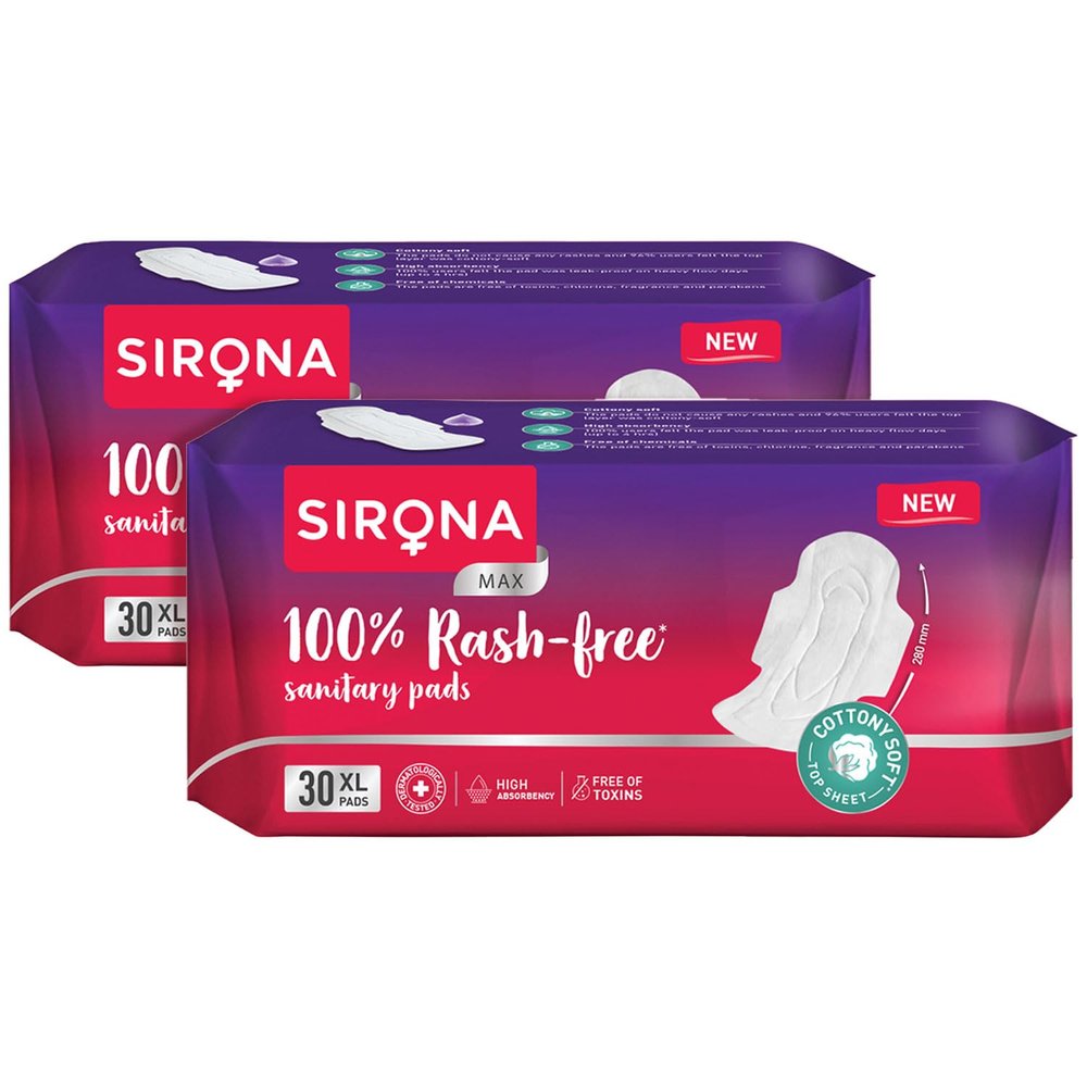 Sirona Max Sanitary Pads for Women | XL (Pack of 60 Pads) | 100% Rash Free & Toxic-Free | Organic Cotton Sanitary Pad | Up to 0% Leakage, Comfortable & High Absorbency