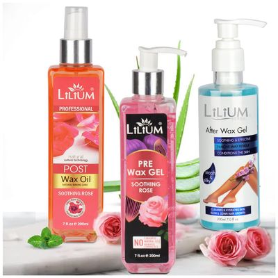Lilium Pre Wax Gel & After Wax Gel With Post Wax Oil, 200ML Each | For Soothing Rose & Aloe-Vera Soft And Nourishing The Skin | No Parabens, No Mineral Oils, No Harmful Chemicals, Pack Of 3