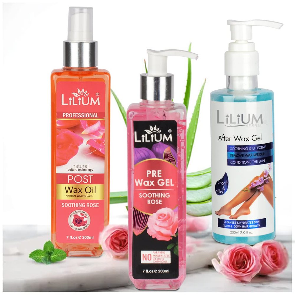 Lilium Pre Wax Gel & After Wax Gel With Post Wax Oil, 200ML Each | For Soothing Rose & Aloe-Vera Soft And Nourishing The Skin | No Parabens, No Mineral Oils, No Harmful Chemicals, Pack Of 3