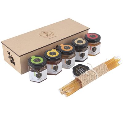 HRHONEYROOTS 5-Pack Raw Honey Gift Set: 45G Each + 16 Honey Sticks-100% Natural&Pure|Coriander,Acacia,Fennel,Ajwain,Wild Berries|Perfect Gifting Collection