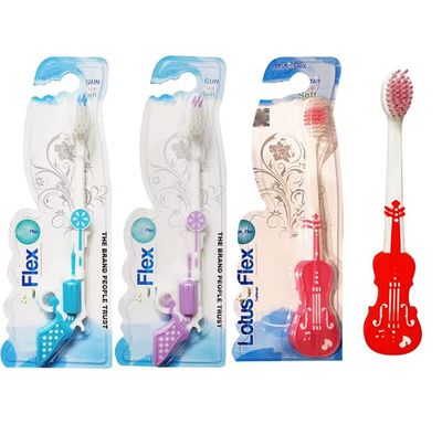 Red Champion Child Tooth Brush Lotus Flex Gitar & Gun Design | Soft BPA-Free Baby Training Toothbrush Set | Easy Grip, Soft Bristles | Baby Kids Infant Toothbrush Pack of 4 Units