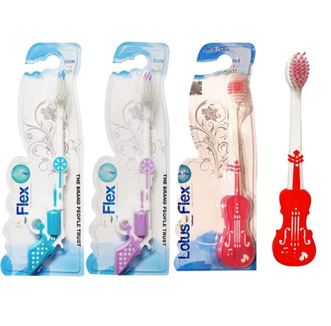 Red Champion Child Tooth Brush Lotus Flex Gitar & Gun Design | Soft BPA-Free Baby Training Toothbrush Set | Easy Grip, Soft Bristles | Baby Kids Infant Toothbrush Pack of 4 Units