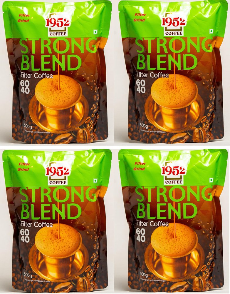 1952 COFFEE Strong Blend South Indian Filter Coffee Powder - Blend of Handpicked Chigmagalur Coffee with Slow-Roasted Perfectly Grounded Chicory - Filter Grind, 4 packs of 250g