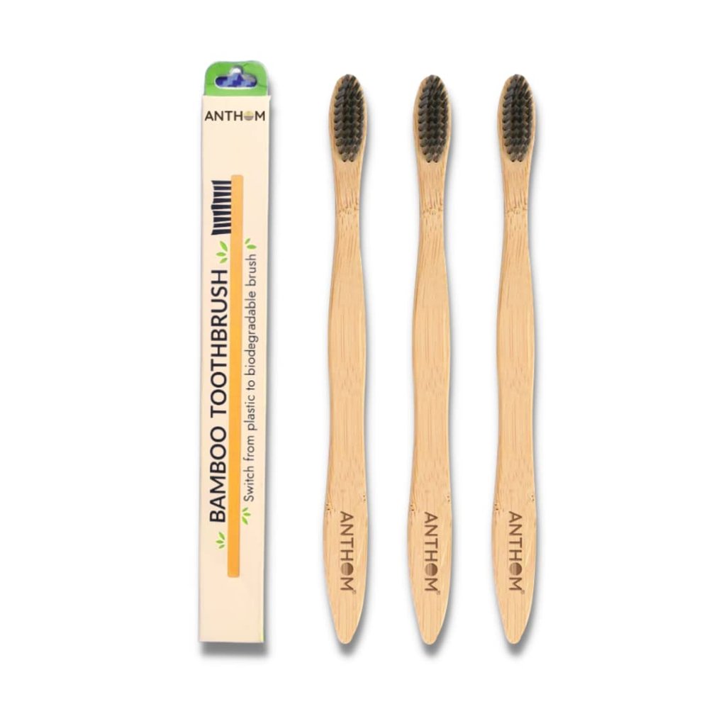 ANTHOM Bamboo Toothbrush with Charcoal Activated Soft Bristles | 100% Eco-friendly Soft Toothbrush | Pack of 3
