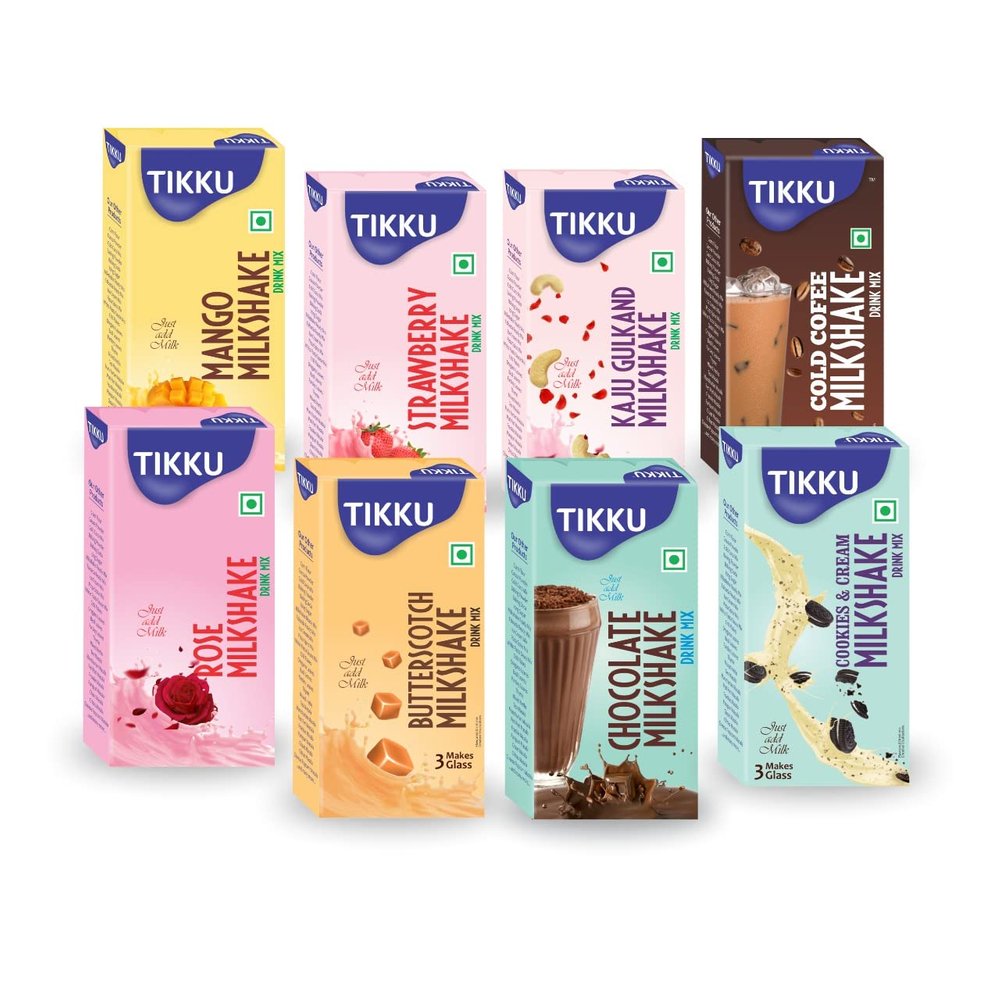 TIKKU Combo of Milkshake Drink Mix 100g x 8 Flavors (Chocolate, Strawberry, Rose, Mango, Cookies & Cream, Cold Coffee, Butterscotch, Kaju Gulkand) | Healthy & Nutritious Powder